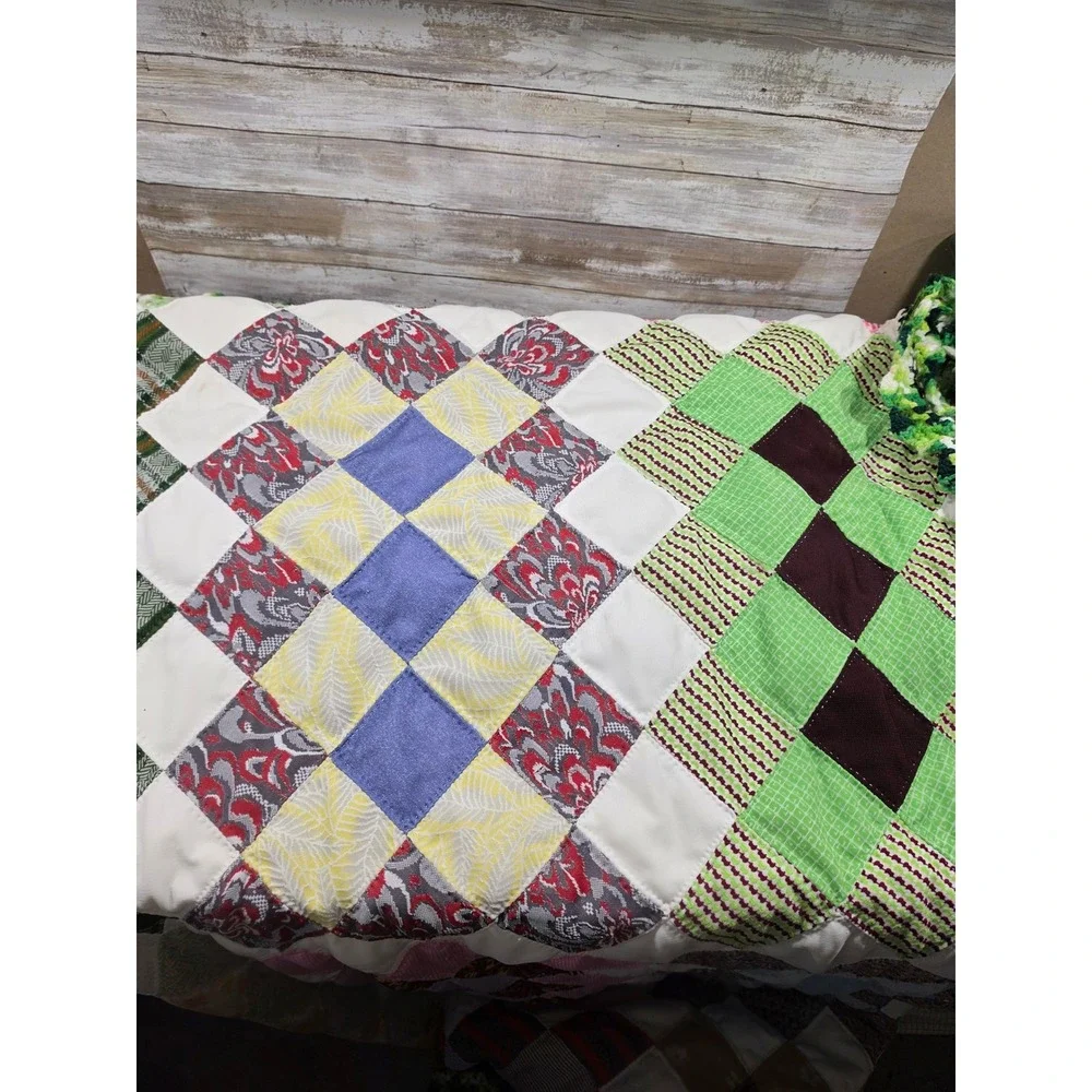 Handmade Patchwork Quilt Oversized 115x90 Multi Color Crochet Border Vintage